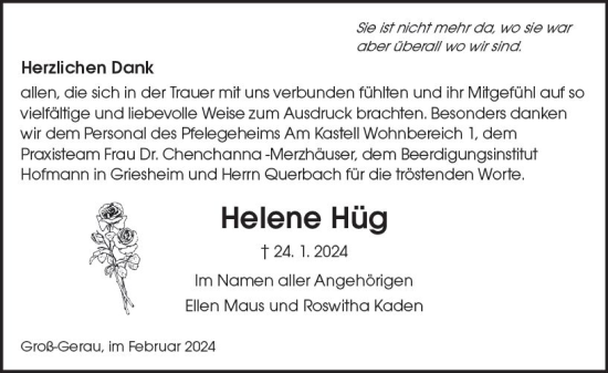 Traueranzeige von Helene Hüg von Groß-Gerauer Echo