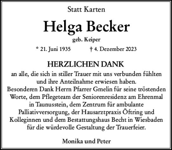 Traueranzeige von Helga Becker von Wiesbadener Kurier