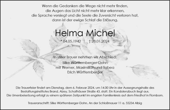 Traueranzeige von Helma Michel von Allgemeine Zeitung Alzey