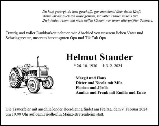Traueranzeige von Helmut Stauder von Allgemeine Zeitung Mainz