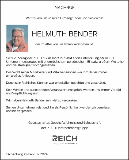 Traueranzeige von Helmuth Bender von Hinterländer Anzeiger