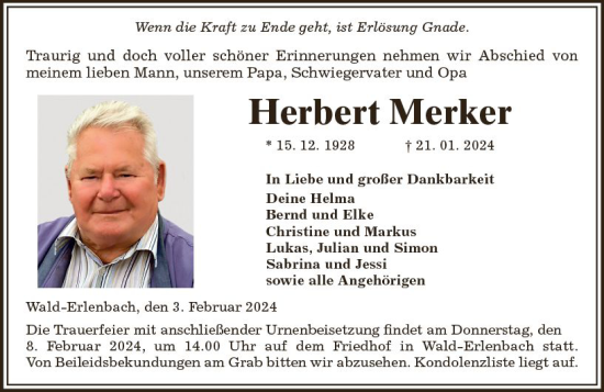 Traueranzeige von Herbert Merker von Starkenburger Echo