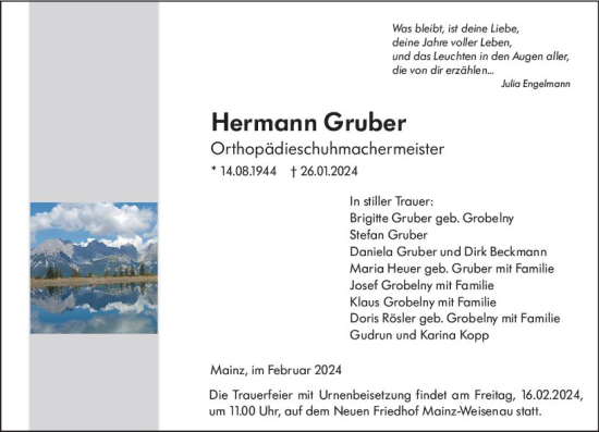 Traueranzeige von Hermann Gruber von Allgemeine Zeitung Mainz