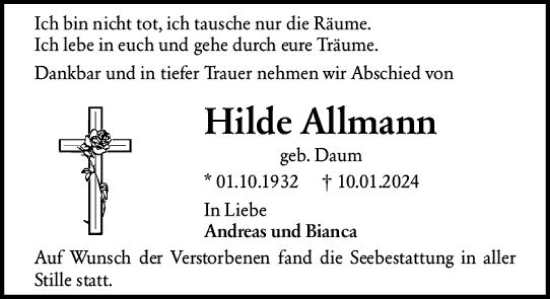 Traueranzeige von Hilde Allmann von Darmstädter Echo