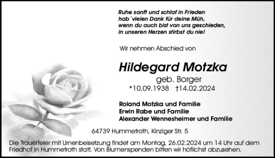 Traueranzeige von Hildegard Motzka von Odenwälder Echo