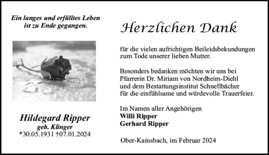 Traueranzeige von Hildegard Ripper von Odenwälder Echo