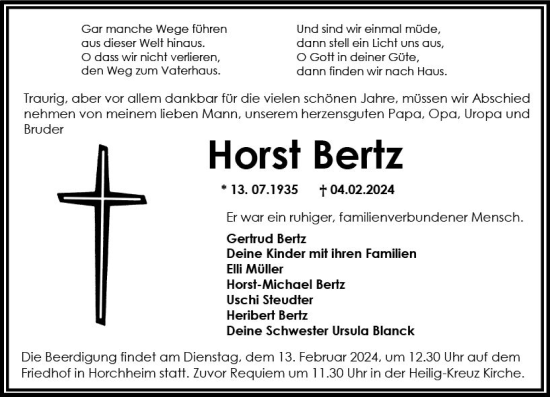 Traueranzeige von Horst Bertz von Wormser Zeitung
