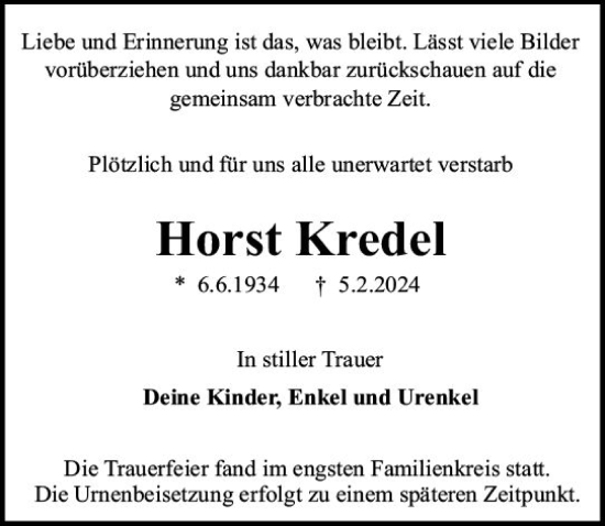 Traueranzeige von Horst Kredel von Darmstädter Echo
