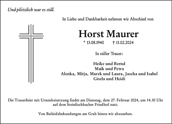 Traueranzeige von Horst Maurer von Camberger Anzeiger