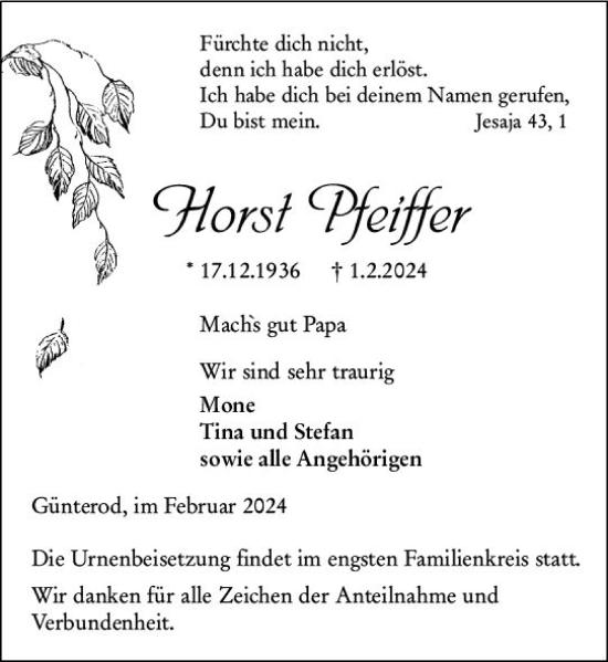 Traueranzeige von Horst Pfeiffer von Hinterländer Anzeiger