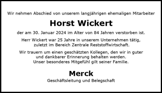 Traueranzeige von Horst Wickert von Darmstädter Echo