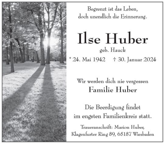 Traueranzeige von Ilse Huber von Wiesbadener Kurier
