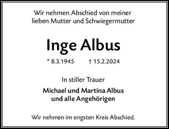 Traueranzeige von Inge Albus von Wiesbadener Kurier