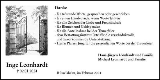 Traueranzeige von Inge Leonhardt von Rüsselsheimer Echo