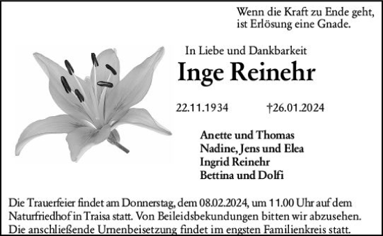 Traueranzeige von Inge Reinehr von Darmstädter Echo