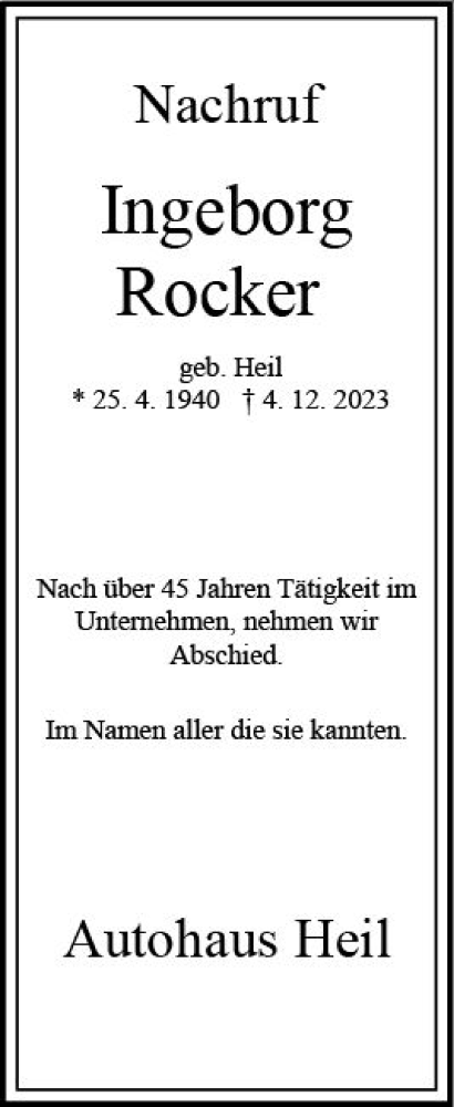 Traueranzeige von Ingeborg Rocker von Wiesbadener Kurier