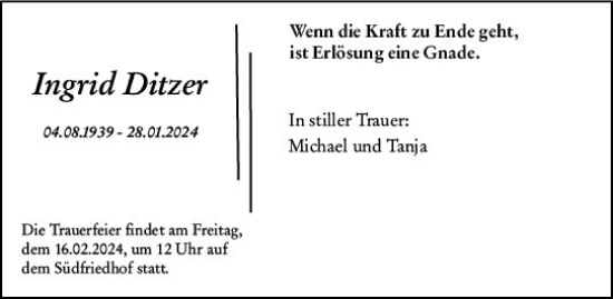 Traueranzeige von Ingrid Ditzer von Wiesbadener Kurier