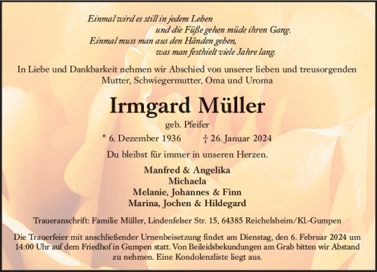 Traueranzeige von Irmgard Müller von Odenwälder Echo