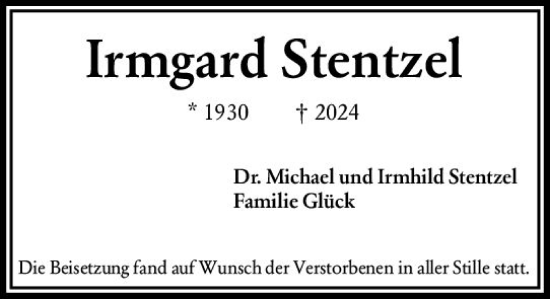 Traueranzeige von Irmgard Stentzel von Darmstädter Echo