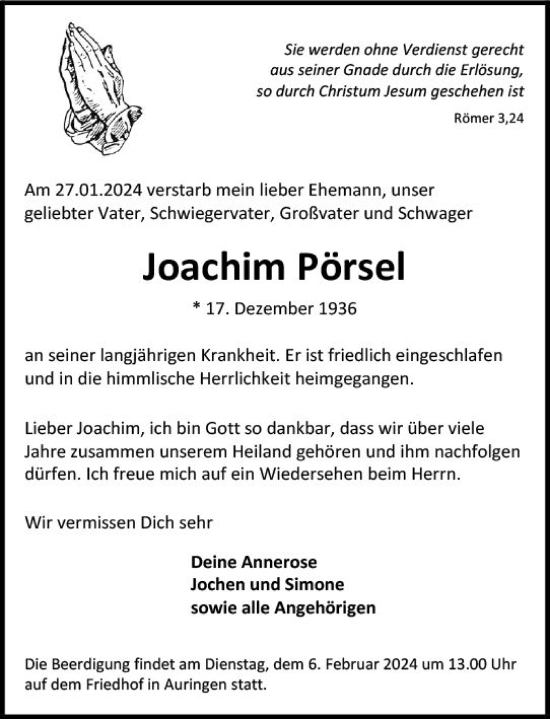 Traueranzeige von Joachim Pörsel von Wiesbadener Kurier