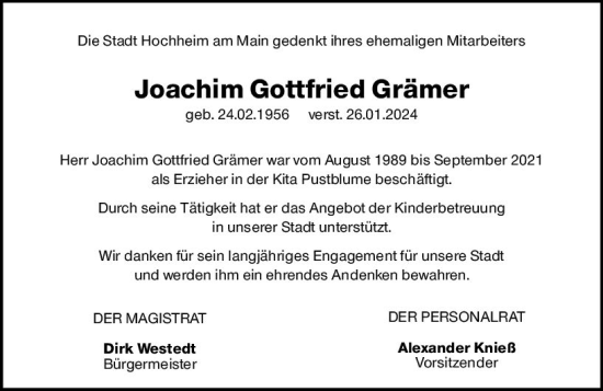 Traueranzeige von Joachim Gottfried Grämer von Hochheimer Zeitung