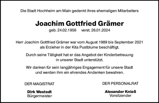 Traueranzeige von Joachim Gottfried Grämer von Allgemeine Zeitung Mainz