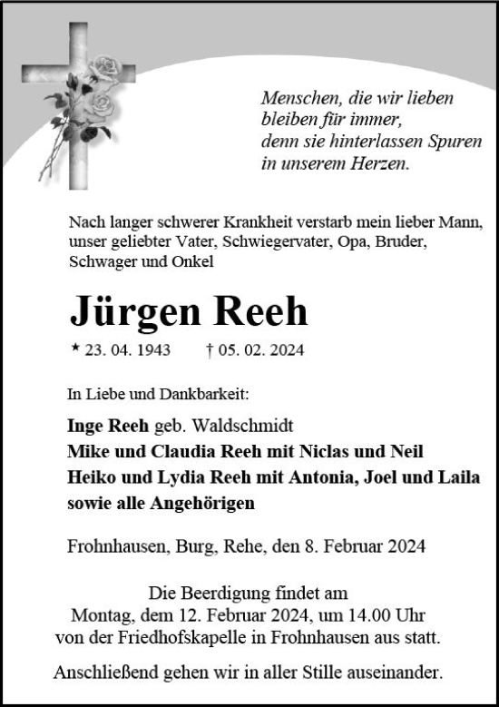 Traueranzeige von Jürgen Reeh von Dill Block