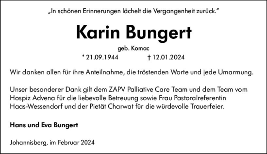 Traueranzeige von Karin Bungert von Rheingau Kurier