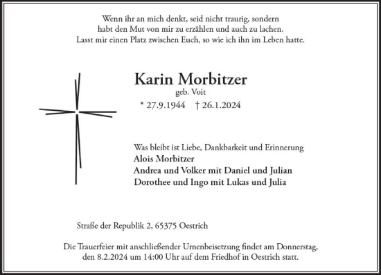 Traueranzeige von Karin Morbitzer von Rheingau Kurier