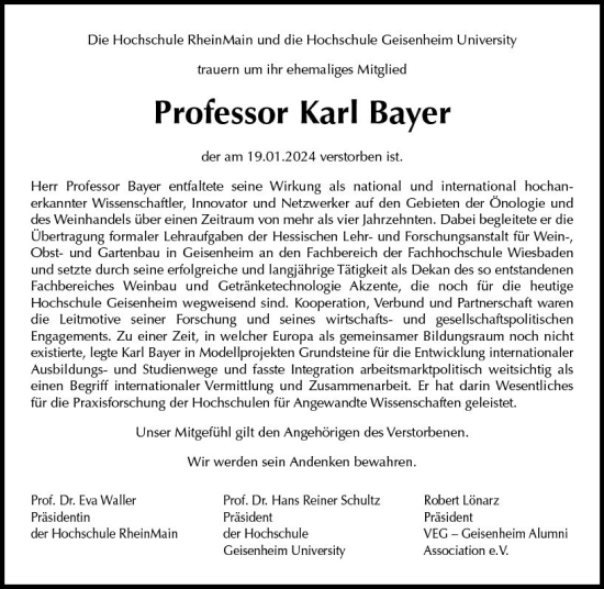 Traueranzeige von Karl Bayer von Wiesbadener Kurier