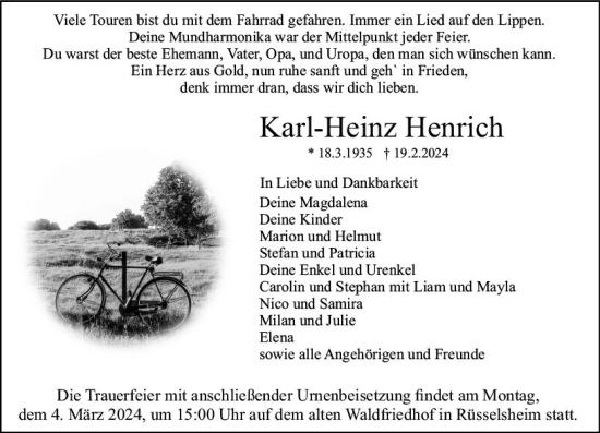 Traueranzeige von Karl-Heinz Henrich von Rüsselsheimer Echo