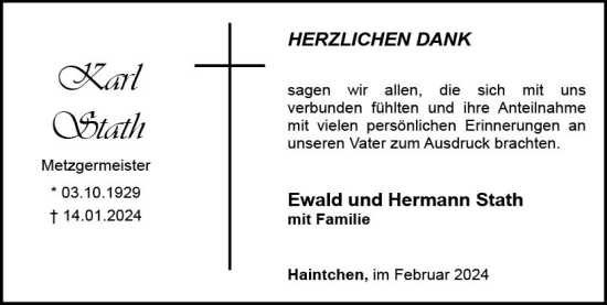 Traueranzeige von Karl Stath von Camberger Anzeiger