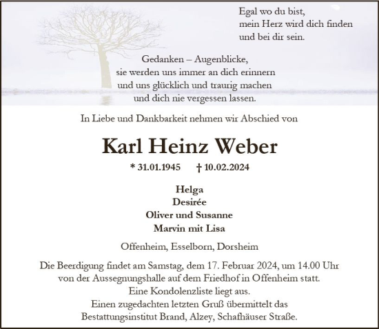 Traueranzeige von Karl Heinz Weber von Allgemeine Zeitung Alzey