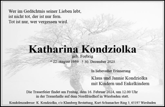 Traueranzeige von Katharina Kondziolka von Wiesbadener Kurier