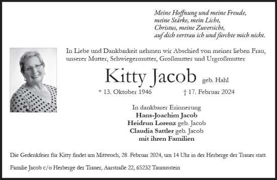 Traueranzeige von Kitty Jacob von Wiesbadener Kurier