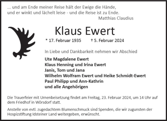 Traueranzeige von Klaus Ewert von Idsteiner Land/Untertaunus