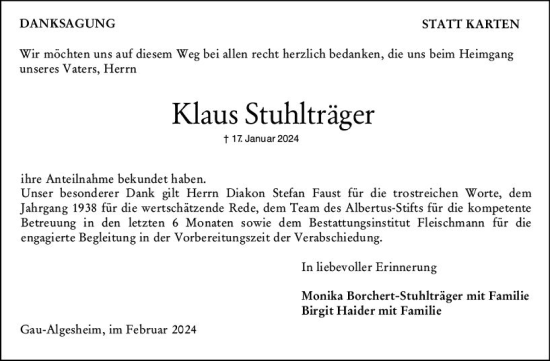 Traueranzeige von Klaus Stuhlträger von Allgemeine Zeitung Bingen/Ingelheim