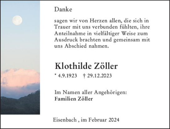 Traueranzeige von Klothilde Zöller von Camberger Anzeiger