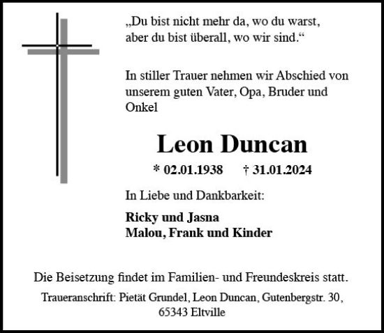 Traueranzeige von Leon Duncan von Rheingau Kurier
