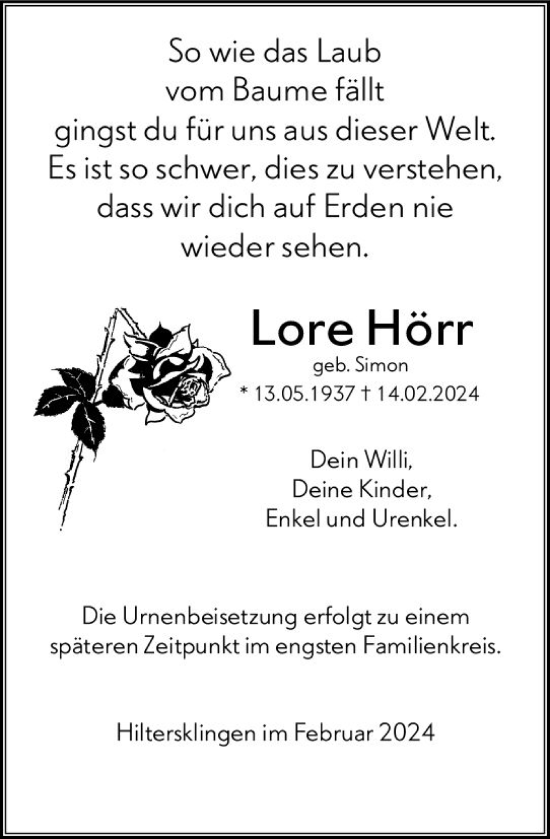 Traueranzeige von Lore Hörr von Odenwälder Echo