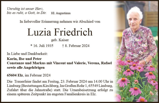 Traueranzeige von Luzia Friedrich von Nassauische Neue Presse