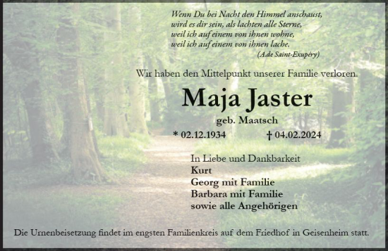Traueranzeige von Maja Jaster von Rheingau Kurier