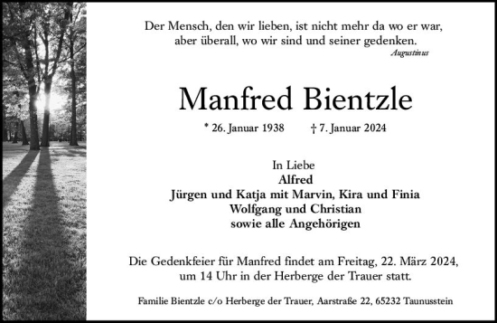 Traueranzeige von Manfred Bientzle von Wiesbadener Kurier