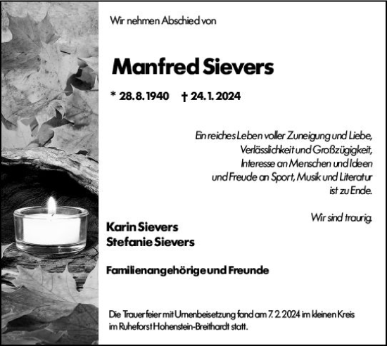 Traueranzeige von Manfred Sievers von Wiesbadener Kurier