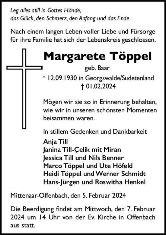 Traueranzeige von Margarete Töppel von Dill Block