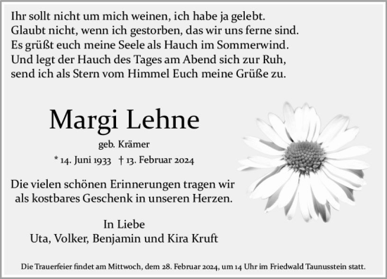 Traueranzeige von Margi Lehne von Wiesbadener Kurier