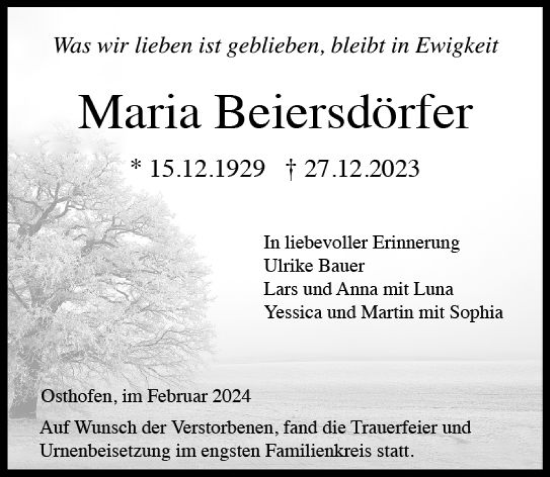 Traueranzeige von Maria Beiersdörfer von Wormser Zeitung