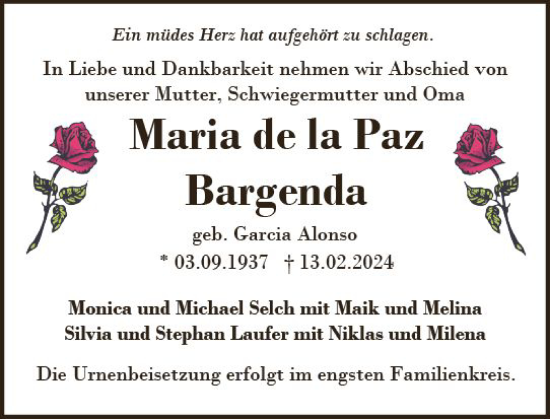 Traueranzeige von Maria de la Paz Bargenda von Wiesbadener Kurier