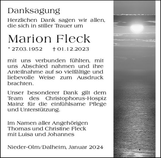 Traueranzeige von Marion Fleck von Allgemeine Zeitung Mainz