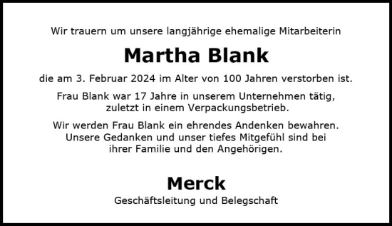 Traueranzeige von Martha Blank von Darmstädter Echo